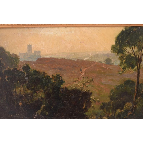 120 - Frederick George Cotman RI. ROI. (British, 1850-1920), 'Canterbury from the Downs', oil on board, 23... 