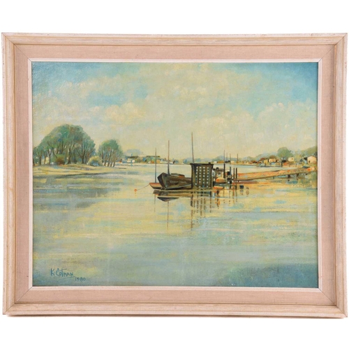 149 - Kenneth Cotman (1904-1994), 'Thames near Hammersmith', signed and dated 1980, oil on board, 37.5cm x... 