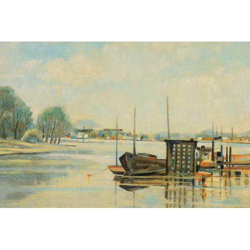 149 - Kenneth Cotman (1904-1994), 'Thames near Hammersmith', signed and dated 1980, oil on board, 37.5cm x... 