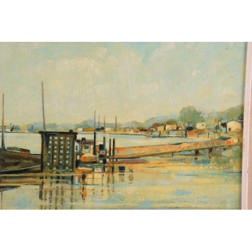 149 - Kenneth Cotman (1904-1994), 'Thames near Hammersmith', signed and dated 1980, oil on board, 37.5cm x... 