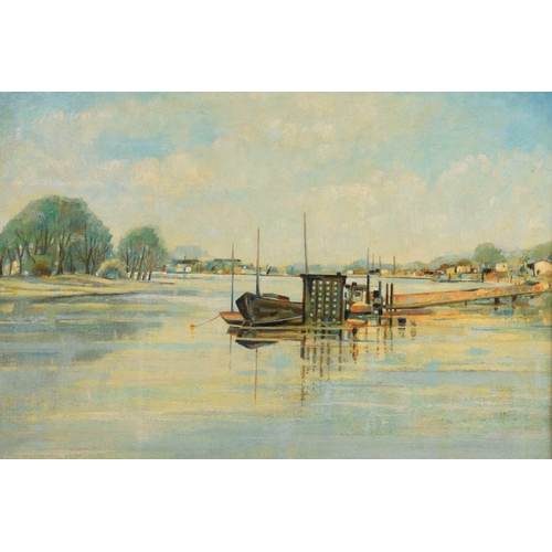 149 - Kenneth Cotman (1904-1994), 'Thames near Hammersmith', signed and dated 1980, oil on board, 37.5cm x... 