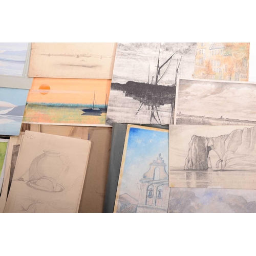 160 - A portfolio containing a large quantity of loose acrylic, watercolours and pencil sketches by Alec C... 