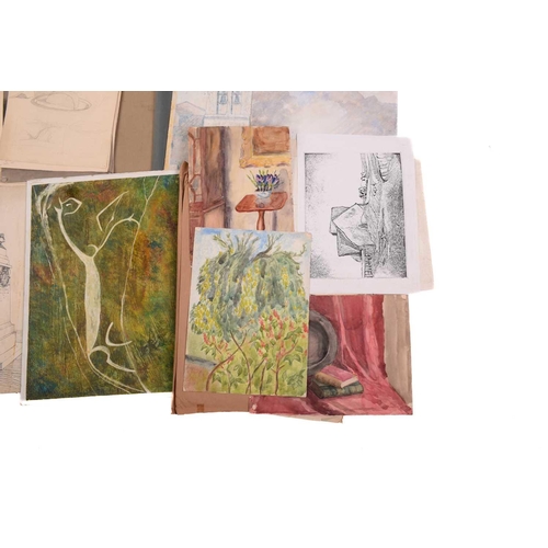 160 - A portfolio containing a large quantity of loose acrylic, watercolours and pencil sketches by Alec C... 