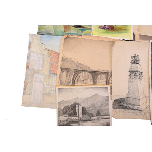 160 - A portfolio containing a large quantity of loose acrylic, watercolours and pencil sketches by Alec C... 