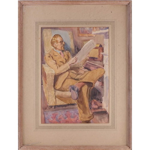 161 - Alec Cotman (1907-1981), 'Self Portrait Seated Reading a Newspaper', watercolour, 51cm x 36cm and an... 