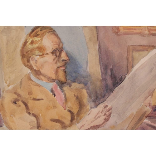 161 - Alec Cotman (1907-1981), 'Self Portrait Seated Reading a Newspaper', watercolour, 51cm x 36cm and an... 