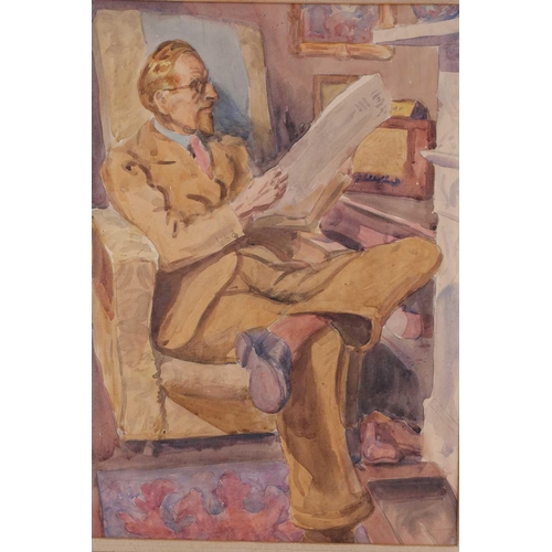 161 - Alec Cotman (1907-1981), 'Self Portrait Seated Reading a Newspaper', watercolour, 51cm x 36cm and an... 