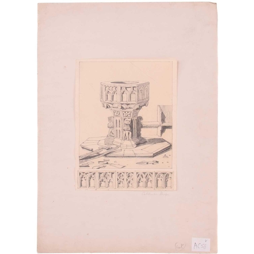 17 - After John Sell Cotman (1782 - 1842), three pencil sketches, Worstead Church font, Calthorpe Chrch f... 