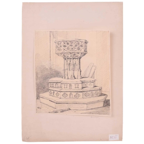 17 - After John Sell Cotman (1782 - 1842), three pencil sketches, Worstead Church font, Calthorpe Chrch f... 