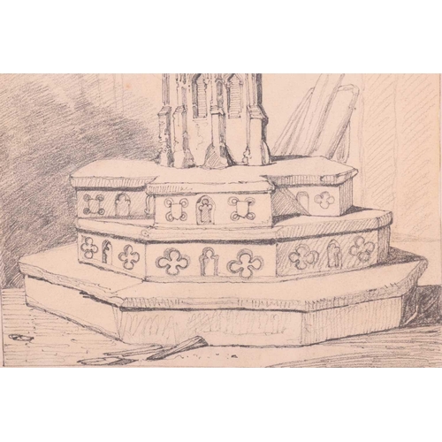 17 - After John Sell Cotman (1782 - 1842), three pencil sketches, Worstead Church font, Calthorpe Chrch f... 