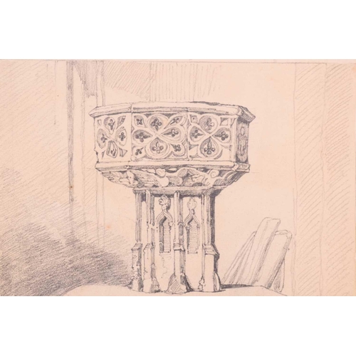 17 - After John Sell Cotman (1782 - 1842), three pencil sketches, Worstead Church font, Calthorpe Chrch f... 