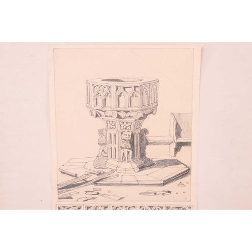 17 - After John Sell Cotman (1782 - 1842), three pencil sketches, Worstead Church font, Calthorpe Chrch f... 