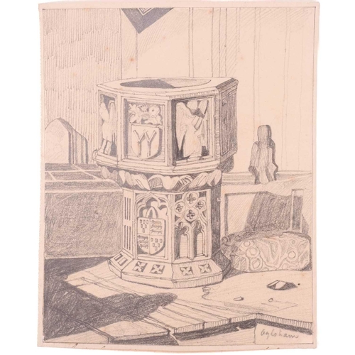 17 - After John Sell Cotman (1782 - 1842), three pencil sketches, Worstead Church font, Calthorpe Chrch f... 