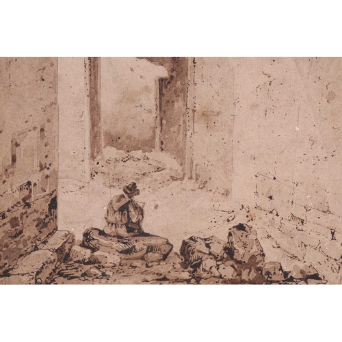 178 - Attributed to Robert Ladbrooke (1768 - 1842), man sketching ruins, ink on paper, inscribed verso 'Ma... 