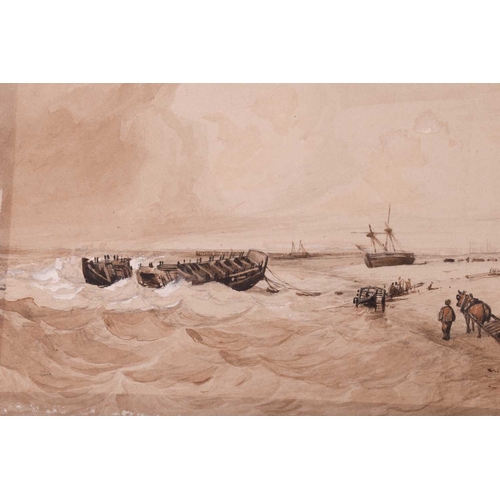 20 - Miles Edmund Cotman (1810 - 1858) 'Wreck on Yarmouth Beach', oil on canvas, applied and typed label ... 