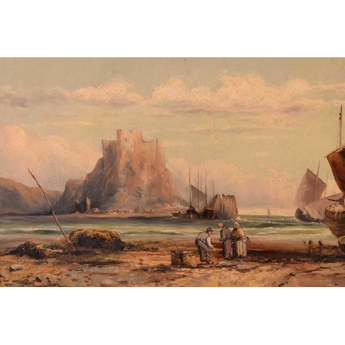 209 - J. Fordl (19th century), possibly Italian, figures and vessels at low tide with castle beyond, signe... 