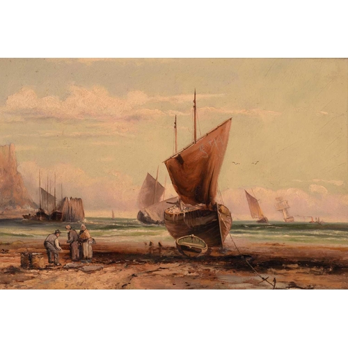 209 - J. Fordl (19th century), possibly Italian, figures and vessels at low tide with castle beyond, signe... 