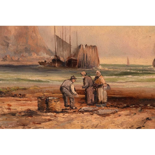 209 - J. Fordl (19th century), possibly Italian, figures and vessels at low tide with castle beyond, signe... 