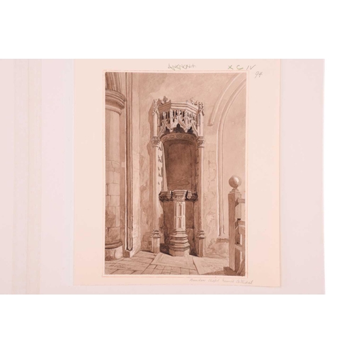 21 - Miles Edmund Cotman (1810 - 1858) 'Bauchan Chapel - Norwich Cathedral', signed, monochrome watercolo... 