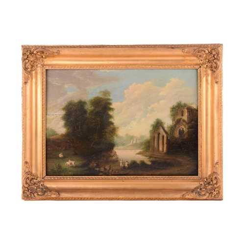 210 - Early 19th century Continental School, Figures by a lake and ruined church, unsigned, oil on panel, ... 