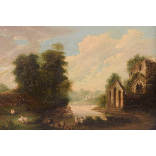 210 - Early 19th century Continental School, Figures by a lake and ruined church, unsigned, oil on panel, ... 