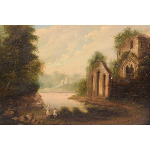 210 - Early 19th century Continental School, Figures by a lake and ruined church, unsigned, oil on panel, ... 