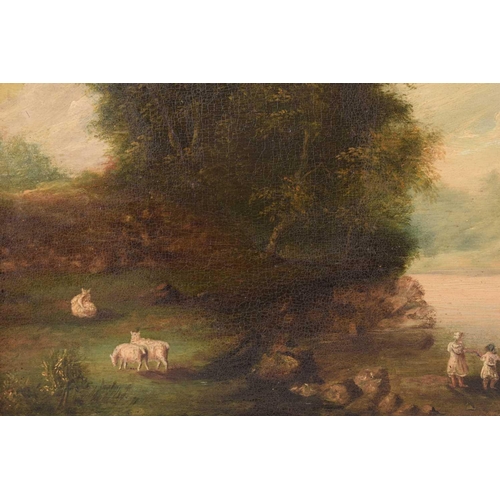 210 - Early 19th century Continental School, Figures by a lake and ruined church, unsigned, oil on panel, ... 