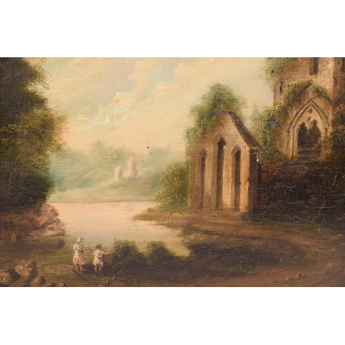 210 - Early 19th century Continental School, Figures by a lake and ruined church, unsigned, oil on panel, ... 