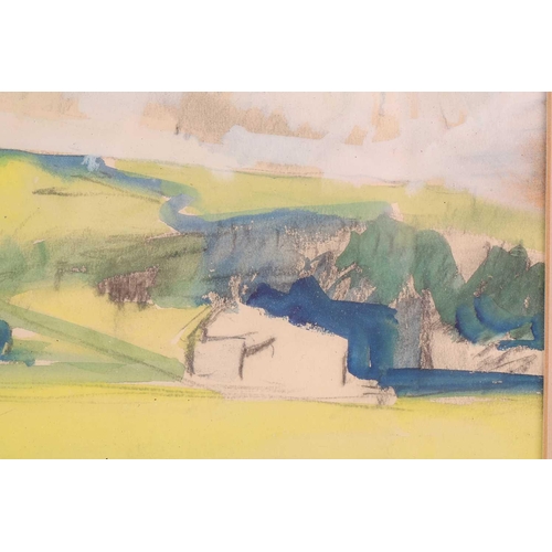 212 - Geoffrey Hewitt b.1930, Cornfields, signed and dated '55, bodycolour on paper, 33.5 x 45 cm, framed ... 