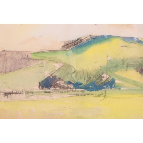 212 - Geoffrey Hewitt b.1930, Cornfields, signed and dated '55, bodycolour on paper, 33.5 x 45 cm, framed ... 