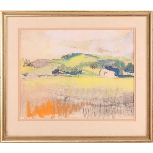 212 - Geoffrey Hewitt b.1930, Cornfields, signed and dated '55, bodycolour on paper, 33.5 x 45 cm, framed ... 