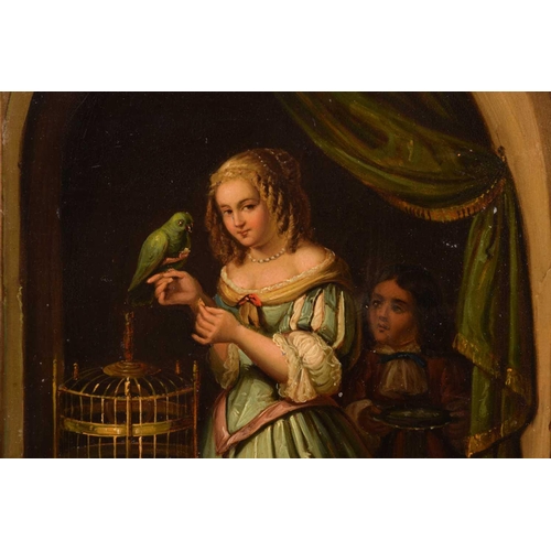 218 - After Caspar Netscher (1639 - 1684), A woman feeding a parrot, with a page, oil on metal sheet, earl... 