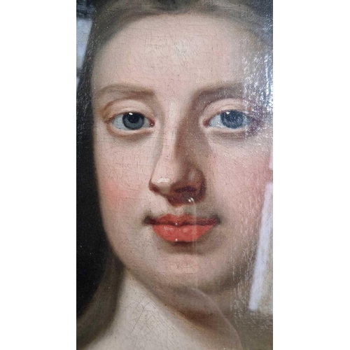 219 - Manner of Sir Godfrey Kneller (1646-1723), half length portrait of a lady in white and blue, unsigne... 