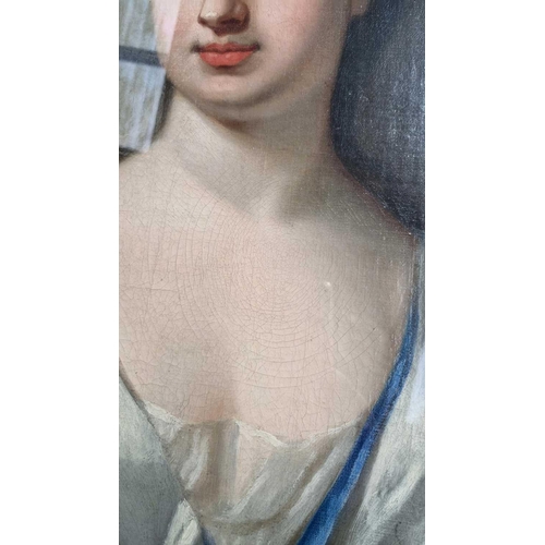 219 - Manner of Sir Godfrey Kneller (1646-1723), half length portrait of a lady in white and blue, unsigne... 