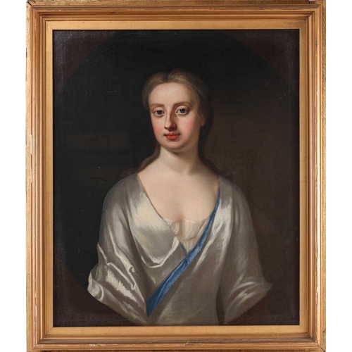 219 - Manner of Sir Godfrey Kneller (1646-1723), half length portrait of a lady in white and blue, unsigne... 