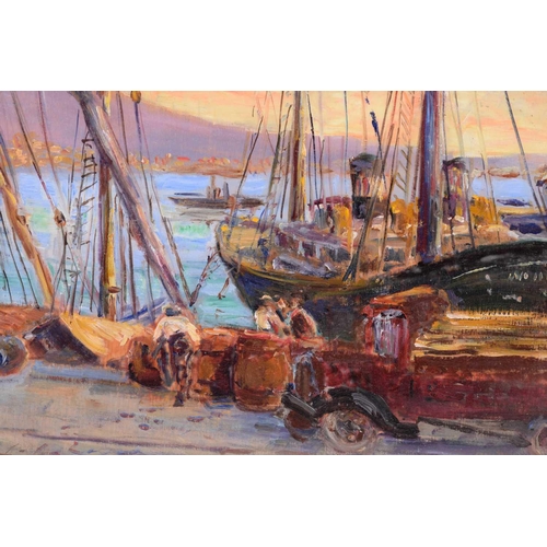 221 - † Evia Cabello (20th century Italian), The harbour at Naples, signed, oil on board, 29 x 38 cm, fram... 