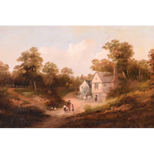 226 - Edward Train (1801-1866), Figures in an idyllic landscape with cottage, signed, oil on canvas, 29.5 ... 