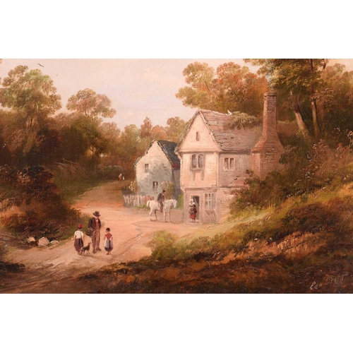 226 - Edward Train (1801-1866), Figures in an idyllic landscape with cottage, signed, oil on canvas, 29.5 ... 