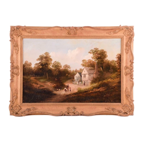 226 - Edward Train (1801-1866), Figures in an idyllic landscape with cottage, signed, oil on canvas, 29.5 ... 