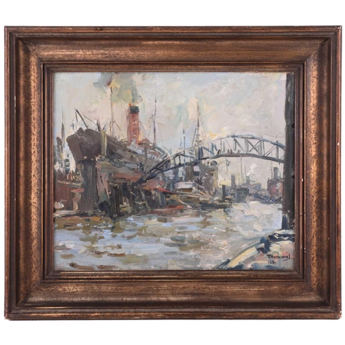 239 - Theodor Hummel (1864 - 1939), A dockland scene, signed and dated 13, oil on board, 35cm x 43cm No ob... 