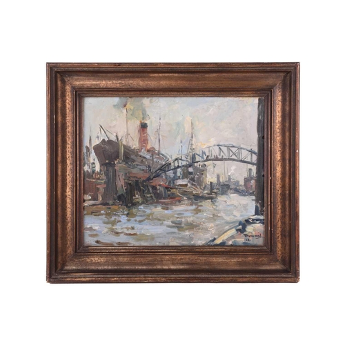 239 - Theodor Hummel (1864 - 1939), A dockland scene, signed and dated 13, oil on board, 35cm x 43cm No ob... 