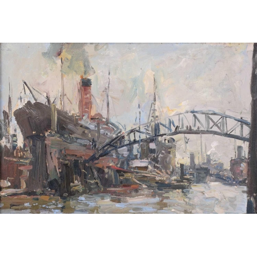 239 - Theodor Hummel (1864 - 1939), A dockland scene, signed and dated 13, oil on board, 35cm x 43cm No ob... 