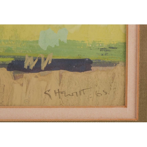 243 - † Geoffrey Hewitt (b.1930), abstract in blue, signed, oil on board, 24 x 45 cm, framed; and a landsc... 