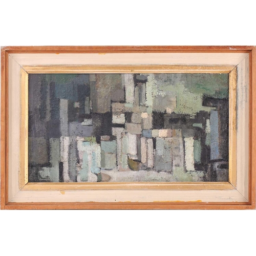 243 - † Geoffrey Hewitt (b.1930), abstract in blue, signed, oil on board, 24 x 45 cm, framed; and a landsc... 