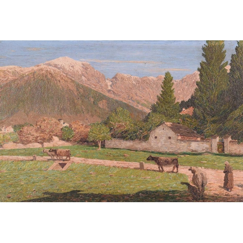 245 - Dante Comelli (1880-1958) Italian, Mountain landscape with cattle on a lane, oil on panel, 39 x 62 c... 