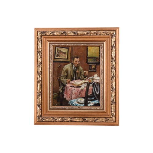 248 - L. Paton (20th century), The Stamp Collector, signed, oil on board, 25 x 19.5 cm, framed