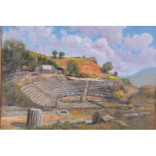 251 - Late 20th Century Italian school, Ruins of a Roman open-air theatre, indistinctly signed, oil on pan... 