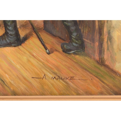 254 - A Mauve (20th century), Waking up a sleeping man, signed, oil on panel, 29.5 x 40 cm, framed.