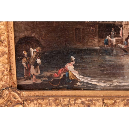 256 - 19th century French School, Washing in the Seine with Notre Dame behind, oil on panel, 25 x 17 cm, f... 