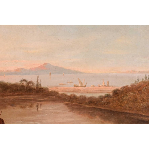 258 - 19th century English school, a view of the bay of Naples, with two figures resting in the foreground... 